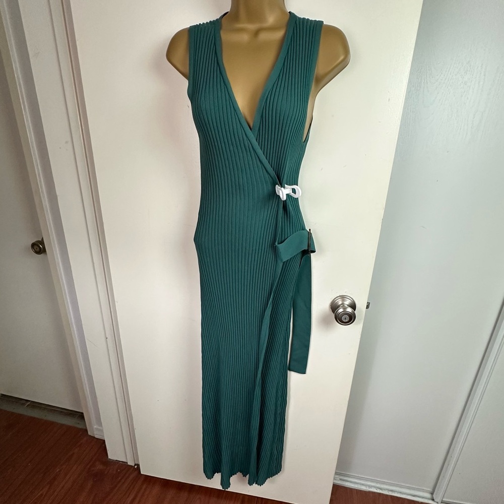 Massimo Dutti EmeraldGreen Ribbed Stretchy Adjustable Built in Belt Dress NWOT S